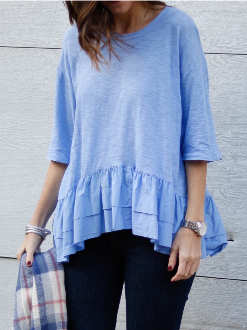 Akemi + Kim Anthropologie Light Blue Peplum Short Sleeve Top Large